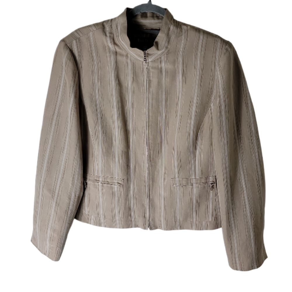 Evan Picone plus suze 16 striped cropped zip front jacket blazer tan white